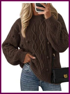 Womens Cable Knit Crewneck Sweater Cozy Loose Fit Long Sleeve